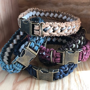 May include: A stack of four dog collars made of cork and leather. The collars are in different colors, including blue, brown, pink, and beige. Each collar has a brass buckle.