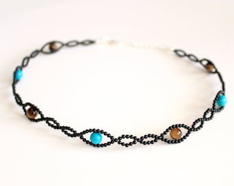 Göttin Augen der Unendlichkeit Türkis, Tigerauge und Onyx Choker Halskette