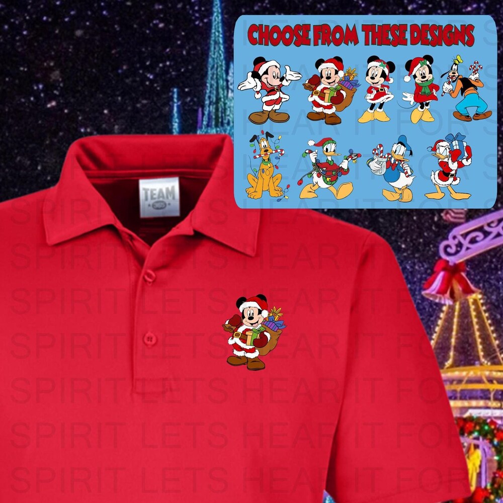Disney Christmas Performance Polo, Mens Christmas Disney Mickey Mouse Polo, Boys Disney Polo, Mickey, Goofy, Donald, Pluto, Minnie Polos