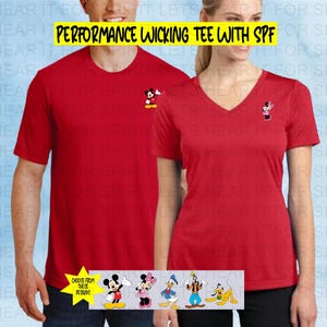 May include: Two red performance wicking t-shirts with SPF protection. The left shirt features a small Mickey Mouse graphic on the chest, while the right v-neck shirt features a small Minnie Mouse graphic. A bottom banner shows character options.