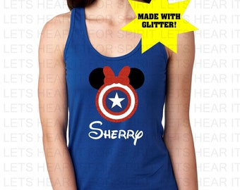 Disney Captain America Shirt, Ladies GLITTER Captain America Shirt, Ladies Captain America Shirt with bow, gift for her, Captain Americs