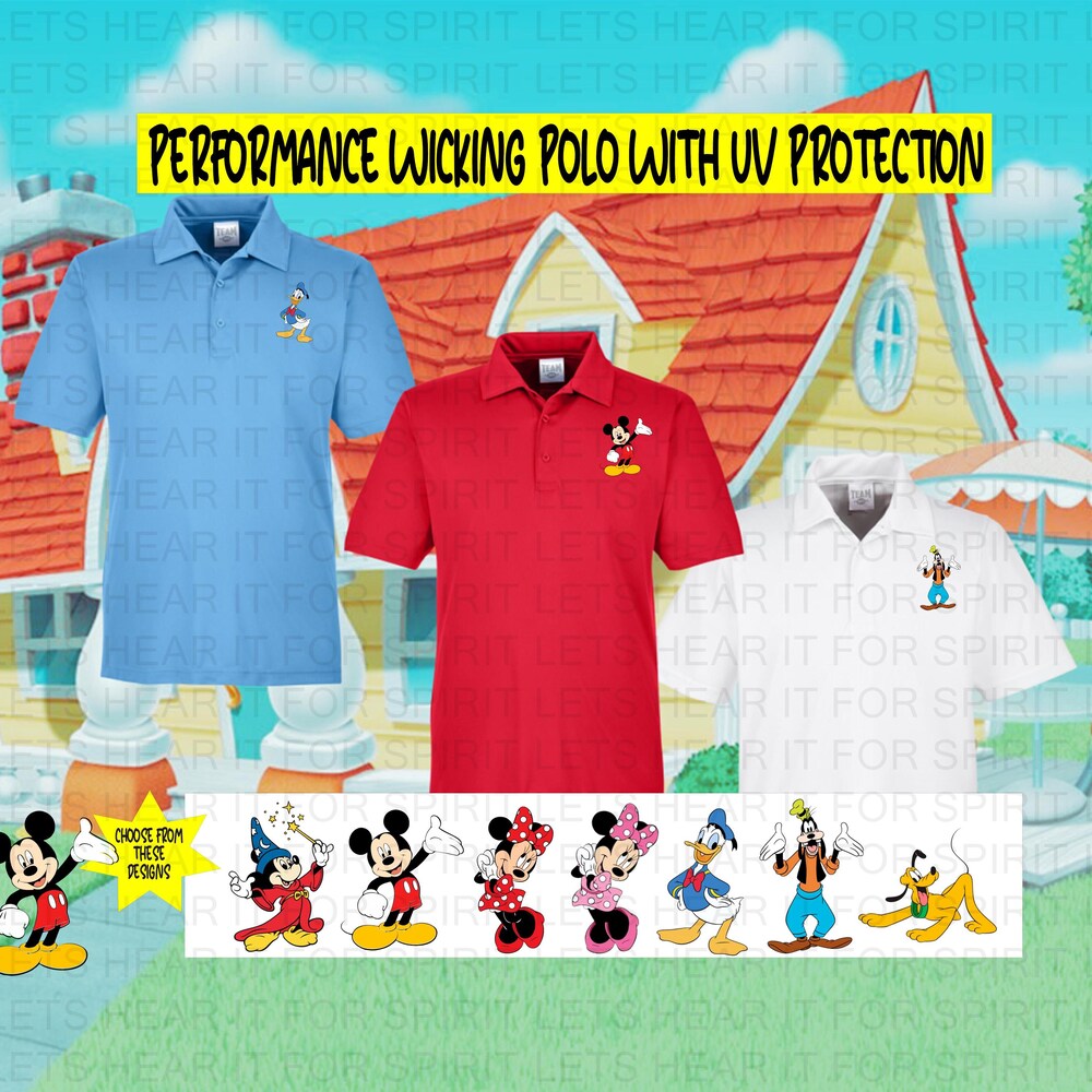 Disney Performance Polo, Mens Disney Mickey Mouse Polo, Boys Disney Polo, Mickey, Goofy, Donald, Pluto Matching Polo With Uv Protection