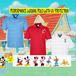 May include: Three different colored polo shirts with a variety of Disney character embroidery designs. The shirts are light blue, red, and white. The designs include Mickey Mouse, Donald Duck, Goofy, and Pluto. The text "Choose from these designs" is below the shirts.