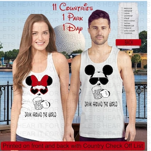 Epcot Drinking Shirt, Mickey Minnie Beer Shirt, Disney Couples Shirts, Country Check List on back, Matching Group, Disney Gift, Food & Wine image 1