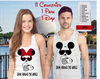 Mickey Beer Minnie Wine Front and Back, Epcot Drinking Around The World Shirt, Drinking Around The World Checklist, Disney Couple Shirts