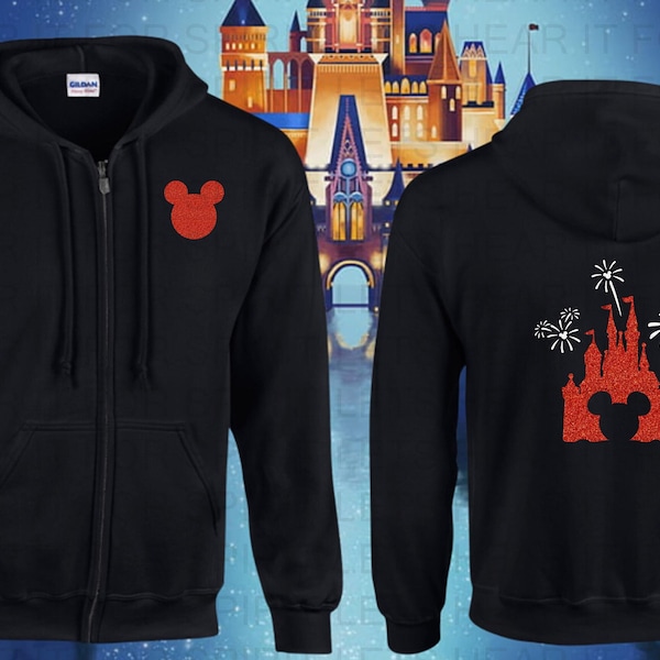 Disney Hoodie, Disney Vacation Glitter Full Zip Hoodie, Hooded Jacket, Disney Mickey Minnie Mouse Full Zip Hoodies, Disney Gift