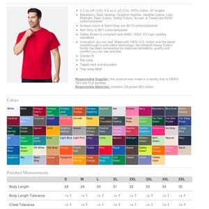 May include: A red Gildan unisex heavy cotton t-shirt, style 5000, with a classic fit and rib collar. The image also shows a colour chart with various options and finished measurements in inches.