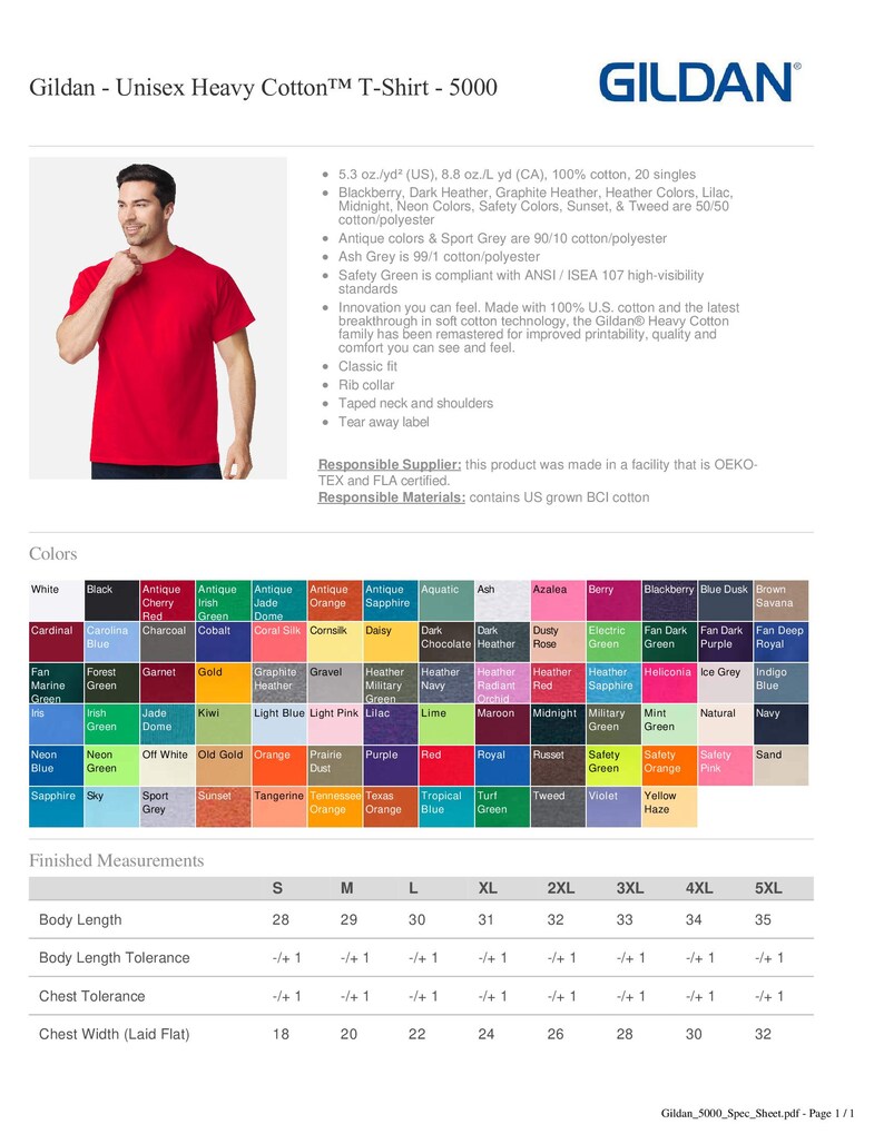 May include: A red Gildan unisex heavy cotton t-shirt, style 5000, with a classic fit and rib collar. The image also shows a colour chart with various options and finished measurements in inches.