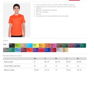 K&ouml;nnte beinhalten: Ein orangefarbenes Team 365 Youth Zone Performance T-Shirt. Das Bild enth&auml;lt eine Farbtabelle mit Optionen wie Schwarz, Wei&szlig; und Marine. Fertige Ma&szlig;e sind angegeben, mit einer K&ouml;rperl&auml;nge von 53.3 cm f&uuml;r XS und bis zu 65.4 cm f&uuml;r XL.