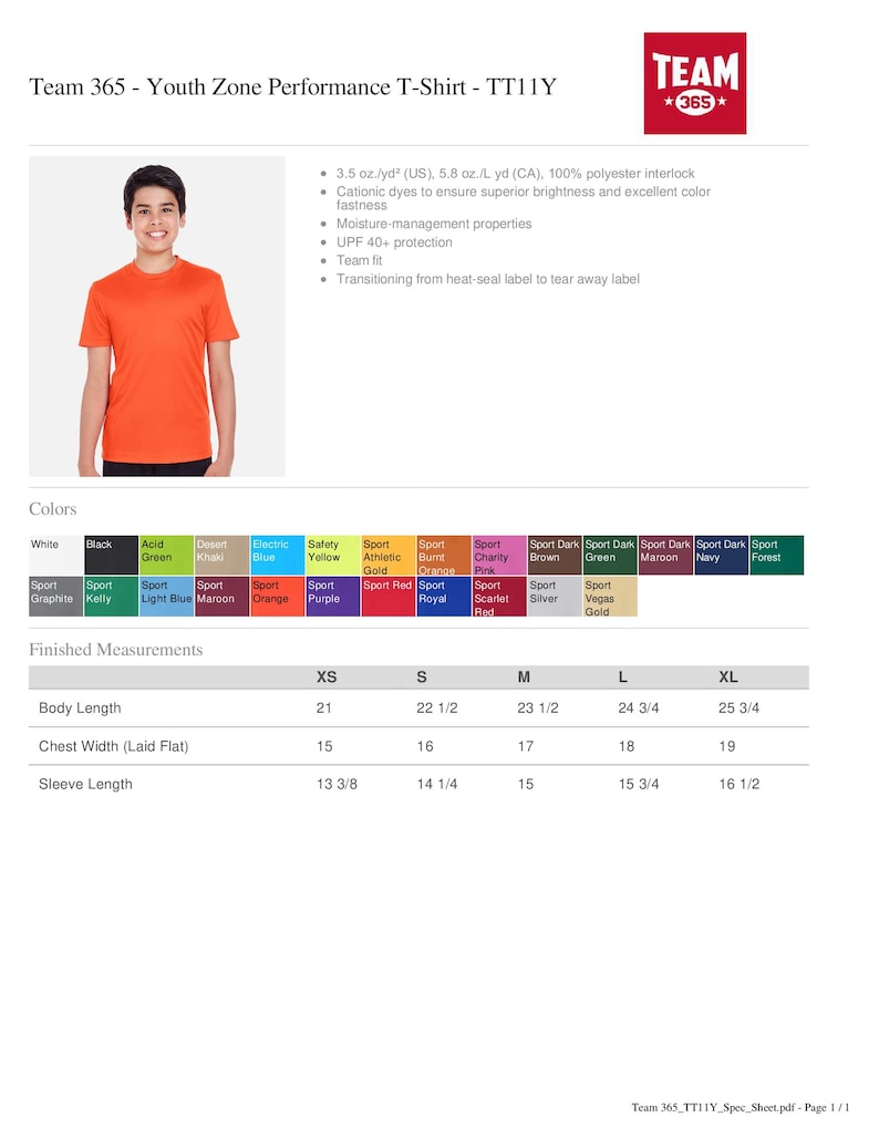 K&ouml;nnte beinhalten: Ein orangefarbenes Team 365 Youth Zone Performance T-Shirt. Das Bild enth&auml;lt eine Farbtabelle mit Optionen wie Schwarz, Wei&szlig; und Marine. Fertige Ma&szlig;e sind angegeben, mit einer K&ouml;rperl&auml;nge von 53.3 cm f&uuml;r XS und bis zu 65.4 cm f&uuml;r XL.