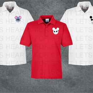 May include: Three polo shirts with different embroidered designs. The left and right shirts are white with black embroidery. The center shirt is red with black embroidery. The left shirt has a blue Stitch character, the right shirt has a Mickey Mouse character with a beer, and the center shirt has a Mickey Mouse character with a Jack Skellington face.