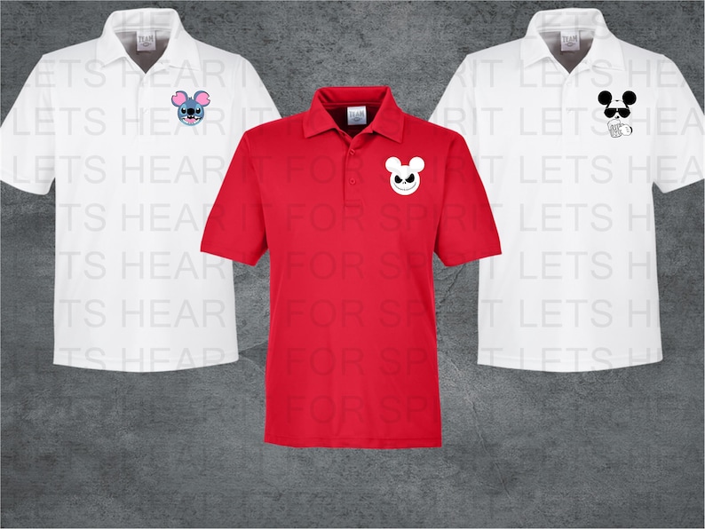 May include: Three polo shirts with different embroidered designs. The left and right shirts are white with black embroidery. The center shirt is red with black embroidery. The left shirt has a blue Stitch character, the right shirt has a Mickey Mouse character with a beer, and the center shirt has a Mickey Mouse character with a Jack Skellington face.