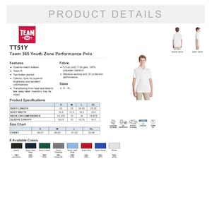 Puede incluir: Un polo de rendimiento blanco para j&oacute;venes con una tapeta de dos botones y un logotipo de equipo en el pecho izquierdo. La camisa est&aacute; hecha de un tejido que absorbe la humedad y protege contra los rayos UV. La tabla de tallas muestra las medidas en pulgadas para el pecho, la longitud del cuerpo, el ancho del cuerpo, la circunferencia del cuello y la longitud de la manga. Los colores disponibles son negro, azul marino deportivo oscuro, verde bosque deportivo, grafito deportivo, azul claro deportivo, rojo deportivo, azul real deportivo y blanco.