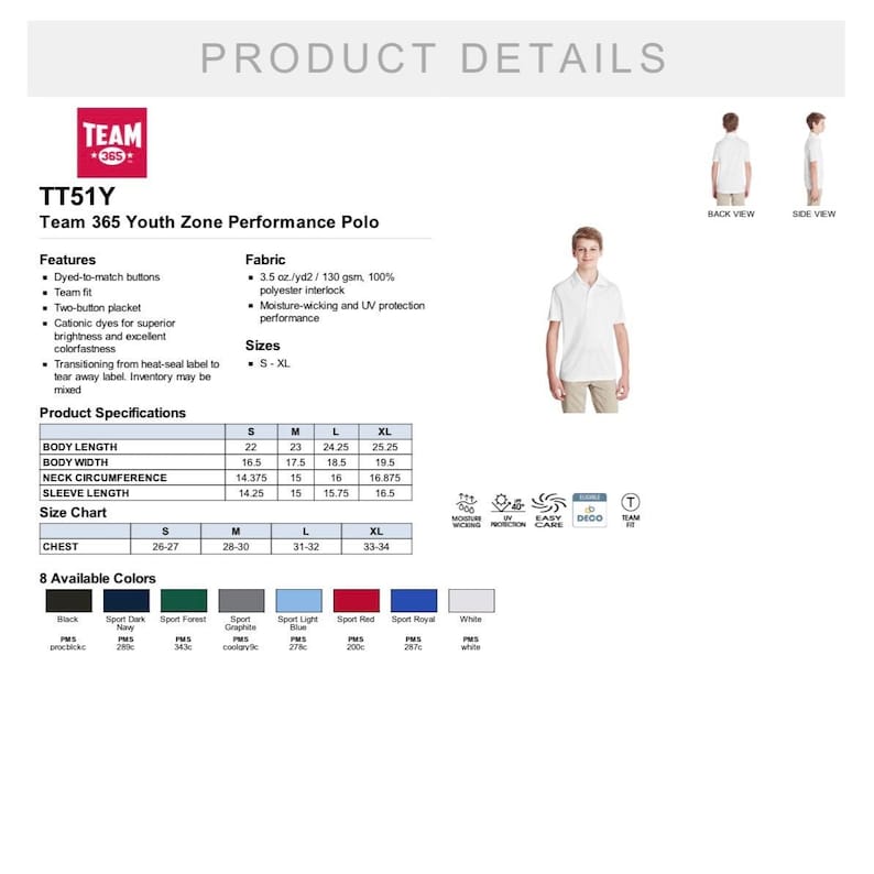 Puede incluir: Un polo de rendimiento blanco para j&oacute;venes con una tapeta de dos botones y un logotipo de equipo en el pecho izquierdo. La camisa est&aacute; hecha de un tejido que absorbe la humedad y protege contra los rayos UV. La tabla de tallas muestra las medidas en pulgadas para el pecho, la longitud del cuerpo, el ancho del cuerpo, la circunferencia del cuello y la longitud de la manga. Los colores disponibles son negro, azul marino deportivo oscuro, verde bosque deportivo, grafito deportivo, azul claro deportivo, rojo deportivo, azul real deportivo y blanco.
