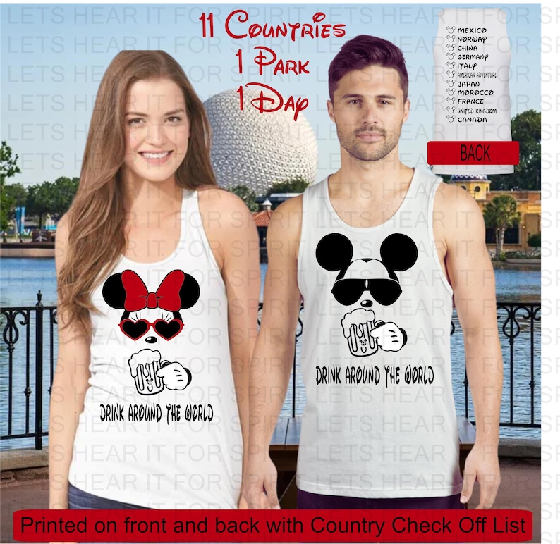 Epcot Drinking Shirt, Mickey Minnie Beer Shirt, Disney Couples Shirts, Country Check List on back, Matching Group, Disney Gift, Food & Wine image 1