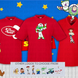 May include: Three red short-sleeved t-shirts featuring Toy Story character graphics. The left shirt displays a white Pizza Planet logo, the center shirt shows Buzz Lightyear, and the right shirt features Jessie. Additional character icons are shown below.