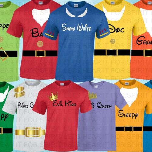 Dwarfs Shirts, Snow White 7 Dwarfs Shirts, Disney Matching Family Outfits, Evil Queen, Grumpy Happy Doc Dopey Sneezy Sleepy Bashful Happy