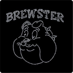 May include: A white rhinestone design of a bulldog with the word "Brewster" above it.
