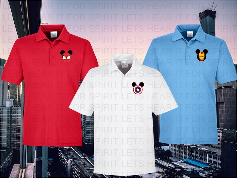 May include: Three polo shirts with different colored Mickey Mouse ears and character designs. The shirts are red, white, and light blue. The Mickey Mouse ears are embroidered with a Spiderman, Captain America, and Iron Man design.