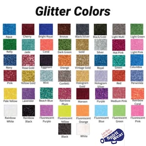 May include: A chart of glitter colours with names for each colour. The colours include aqua, cherry, bright royal, bronze, black/silver, black/gold, light multi, light green, kelly, jade, coral, dark green, gold, silver, hot pink, light pink, navy, rose gold, eggplant, orange, vintage gold, royal, green, columbia, pink, yellow gold, mint, confetti, hologram gold, hologram silver, red, periwinkle, pale yellow, lavender, beach blue, rainbow plum, maroon, purple, medium pink, rainbow coral, rainbow white, rainbow black, fluorescent purple, fluorescent yellow, fluorescent orange, fluorescent blue, fluorescent green, fluorescent pink, black, and white.
