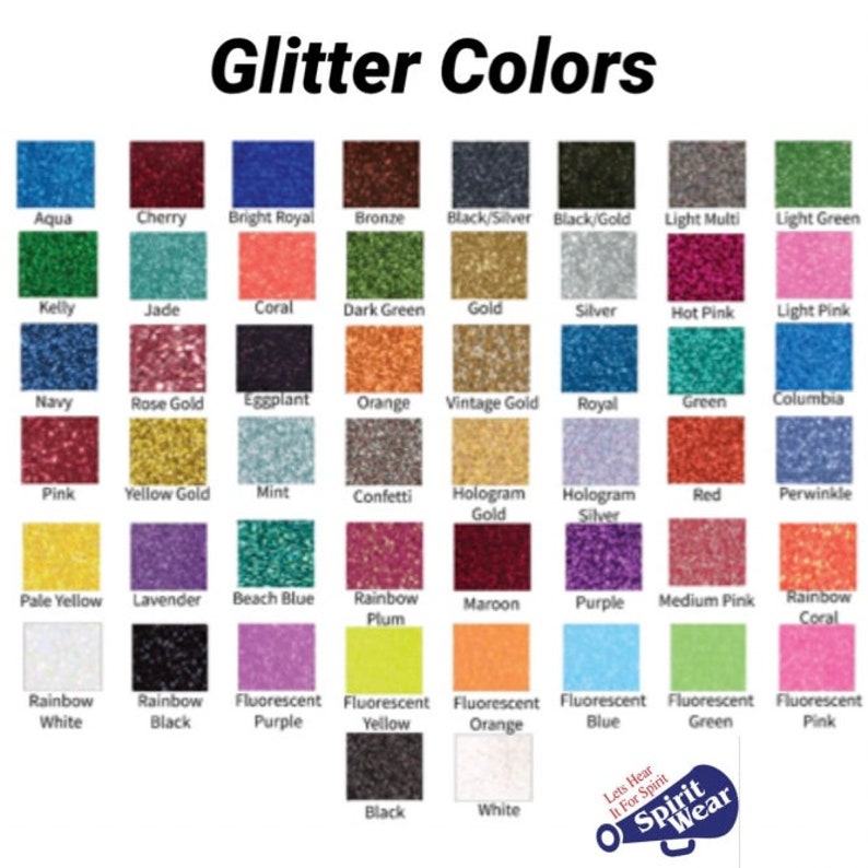 May include: A chart of glitter colours with names for each colour. The colours include aqua, cherry, bright royal, bronze, black/silver, black/gold, light multi, light green, kelly, jade, coral, dark green, gold, silver, hot pink, light pink, navy, rose gold, eggplant, orange, vintage gold, royal, green, columbia, pink, yellow gold, mint, confetti, hologram gold, hologram silver, red, periwinkle, pale yellow, lavender, beach blue, rainbow plum, maroon, purple, medium pink, rainbow coral, rainbow white, rainbow black, fluorescent purple, fluorescent yellow, fluorescent orange, fluorescent blue, fluorescent green, fluorescent pink, black, and white.