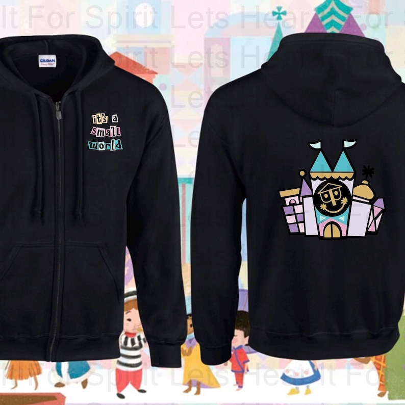 May include: Black zip-up hoodie with a graphic of the 'it's a small world' ride on the back and the text 'it's a small world' on the front.
