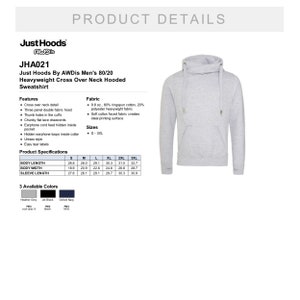 May include: A heather grey hooded sweatshirt with a cross-over neck detail. The sweatshirt is made from 80% ringspun cotton and 20% polyester. The fabric is soft and has a cotton-faced finish, making it ideal for printing. The sweatshirt has a kangaroo pocket, thumb holes, and a hidden earphone cord feed. Sizes available are S-3XL. The product is called "Just Hoods by AWDis Men's 80/20 Heavyweight Cross Over Neck Hooded Sweatshirt".