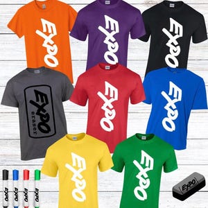 May include: Seven t-shirts in different colors with the word "Expo" printed on them in white. The word is stylized and appears to be written with a marker. There are also four Expo markers and an Expo eraser in the image.