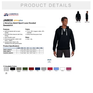 May include: Black hooded sweatshirt with a white lace-up drawstring. The sweatshirt has a pouch pocket and ribbed cuffs. The size chart shows measurements in inches. The sweatshirt is available in 11 colors.