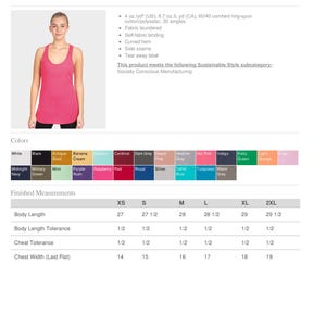 Puede incluir: Un top sin mangas rosa de Next Level Apparel. La imagen muestra el top sin mangas en una modelo, junto con una tabla de colores y medidas de tallas. El top sin mangas est&aacute; hecho de una mezcla de algod&oacute;n/poli&eacute;ster y tiene un dobladillo curvo. Ancho de pecho plano 35.5-48.3 cm.