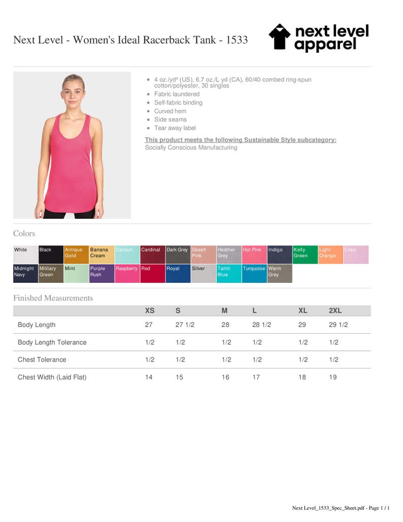 Puede incluir: Un top sin mangas rosa de Next Level Apparel. La imagen muestra el top sin mangas en una modelo, junto con una tabla de colores y medidas de tallas. El top sin mangas est&aacute; hecho de una mezcla de algod&oacute;n/poli&eacute;ster y tiene un dobladillo curvo. Ancho de pecho plano 35.5-48.3 cm.