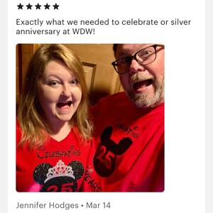 May include: A couple wearing red shirts with a black Mickey Mouse design and the text "Celebrating 25 Years".
