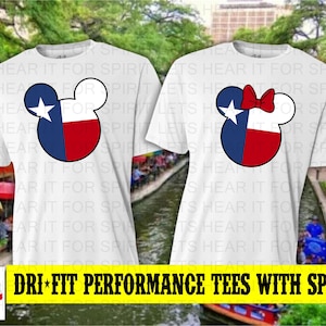 May include: White Dri-FIT performance tees with SPF featuring a Mickey Mouse head design incorporating the Texas flag. One tee has a red bow. The background shows a river scene.