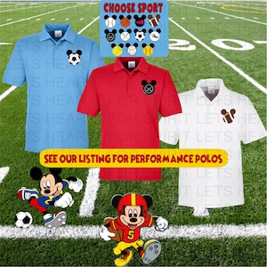 May include: Three polo shirts in light blue, red, and white, each with a sports-themed Mickey Mouse design. The image includes the text "CHOOSE SPORT" and "SEE OUR LISTING FOR PERFORMANCE POLOS."