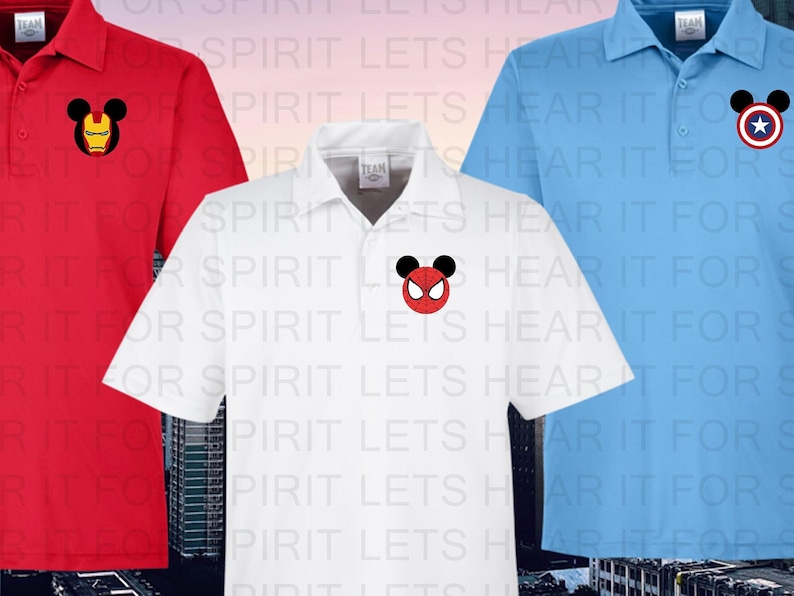 May include: Three white polo shirts with different cartoon character logos on the left chest. The logos are Iron Man, Spider-Man, and Captain America. The shirts are all white with a blue collar and a blue button.
