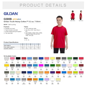 May include: A Gildan G500B youth heavy cotton t-shirt product specification sheet. It features a red short-sleeve t-shirt, a list of features including a seamless rib at neck, taped shoulder-to-shoulder, and a size chart with measurements in inches.
