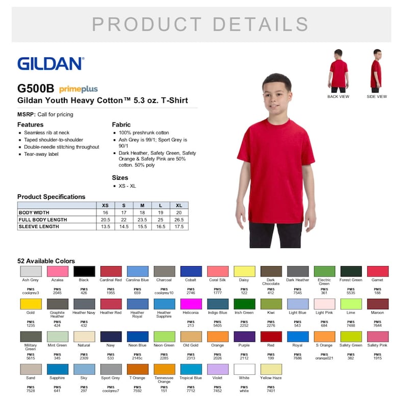 May include: A Gildan G500B youth heavy cotton t-shirt product specification sheet. It features a red short-sleeve t-shirt, a list of features including a seamless rib at neck, taped shoulder-to-shoulder, and a size chart with measurements in inches.