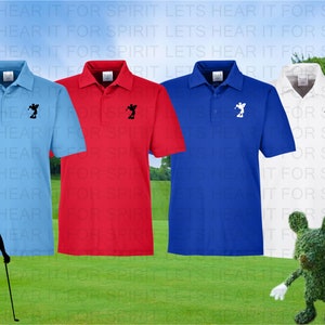 May include: Four polo shirts in different colors: light blue, red, blue, and white. Each shirt features a black and white silhouette of a golfer on the left chest. The white shirt has a green, leafy Mickey Mouse figure in front of it.