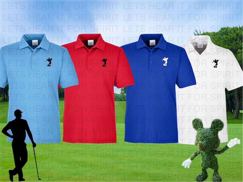May include: Four polo shirts in different colors: light blue, red, blue, and white. Each shirt features a black and white silhouette of a golfer on the left chest. The white shirt has a green, leafy Mickey Mouse figure in front of it.