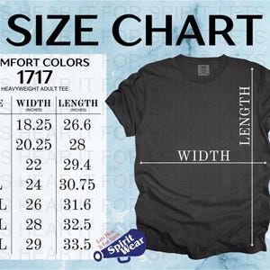 K&ouml;nnte beinhalten: Eine Gr&ouml;&szlig;entabelle f&uuml;r ein Comfort Colors 1717 Heavyweight Adult Tee. Die Tabelle zeigt Ma&szlig;e in Zoll f&uuml;r die Gr&ouml;&szlig;en S bis 4XL, einschlie&szlig;lich Breite und L&auml;nge. Ein schwarzes T-Shirt wird mit Breiten- und L&auml;ngenindikatoren gezeigt.