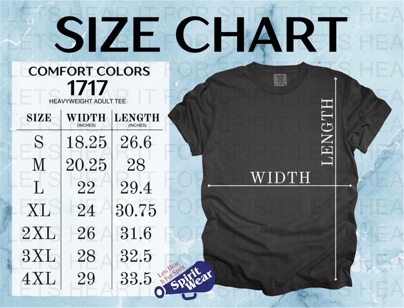 K&ouml;nnte beinhalten: Eine Gr&ouml;&szlig;entabelle f&uuml;r ein Comfort Colors 1717 Heavyweight Adult Tee. Die Tabelle zeigt Ma&szlig;e in Zoll f&uuml;r die Gr&ouml;&szlig;en S bis 4XL, einschlie&szlig;lich Breite und L&auml;nge. Ein schwarzes T-Shirt wird mit Breiten- und L&auml;ngenindikatoren gezeigt.