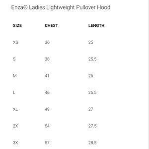Puede incluir: Tabla de tallas para una capucha de sudadera ligera con medidas en pulgadas para el pecho y la longitud. Las tallas van de XS a 4X.