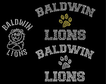 May include: Three rhinestone designs featuring the words "Baldwin Lions" with a paw print. The first design features a lion in the center. The second and third designs feature the words "Baldwin Lions" in a curved arc with a paw print in the center.