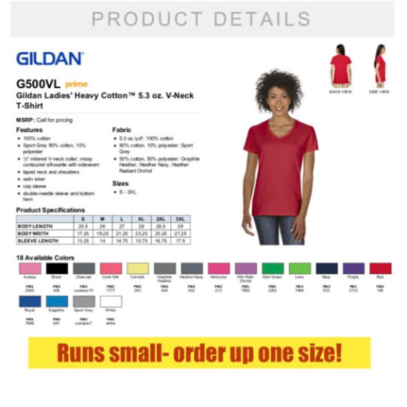 May include: A red V-neck t-shirt made from heavy cotton. The shirt is 5.3 ounces per square yard and comes in 18 colours. The shirt is shown on a model wearing size S. The shirt is available in sizes S-3XL. The shirt is made by Gildan and is part of their prime collection. The shirt is described as "Runs small - order up one size!"