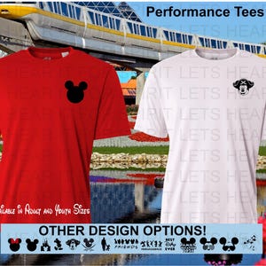 May include: Two short-sleeved Performance Tees. One is red with a black Mickey Mouse head, the other is white with a Mickey Mouse pirate design. Text on the shirts reads "Performance Tees" and "Available in Adult and Youth Sizes". Additional design options are shown.
