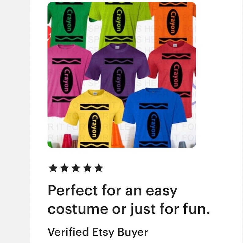 May include: A collection of eight short-sleeved t-shirts in various solid colors including green, lime, orange, pink, purple, red, yellow, and blue. Each shirt features a black oval graphic with the word Crayon printed in black text.