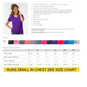 May include: A woman wearing a purple Gildan V-neck t-shirt. The shirt is made of heavy cotton and has cap sleeves. The image includes a size chart with measurements in inches and the text "RUNS SMALL IN CHEST SEE SIZE CHART."