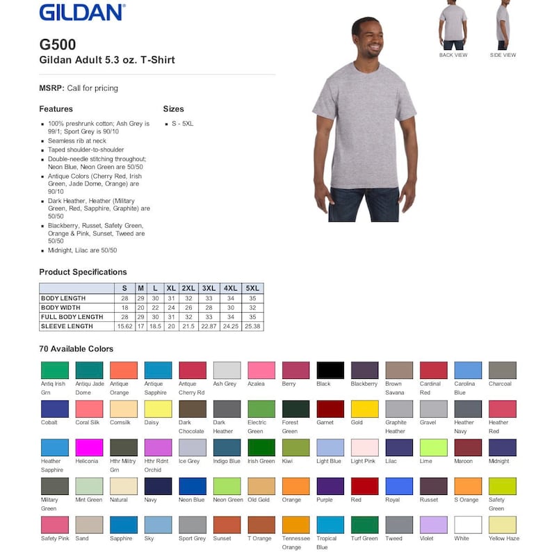 Peut inclure: Un t-shirt adulte Gildan G500 gris clair. Le t-shirt est compos&eacute; &agrave; 100 % de coton pr&eacute;-r&eacute;tr&eacute;ci et est disponible en tailles S-5XL. L'image montre &eacute;galement un nuancier avec 70 couleurs disponibles.