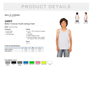 May include: A Bella + Canvas Youth Jersey Tank in athletic heather. The image shows the tank from the front, back, and side views. The product details include the fabric, sizes, and available colors.
