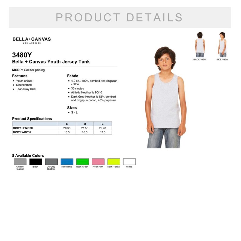 May include: A Bella + Canvas Youth Jersey Tank in athletic heather. The image shows the tank from the front, back, and side views. The product details include the fabric, sizes, and available colors.